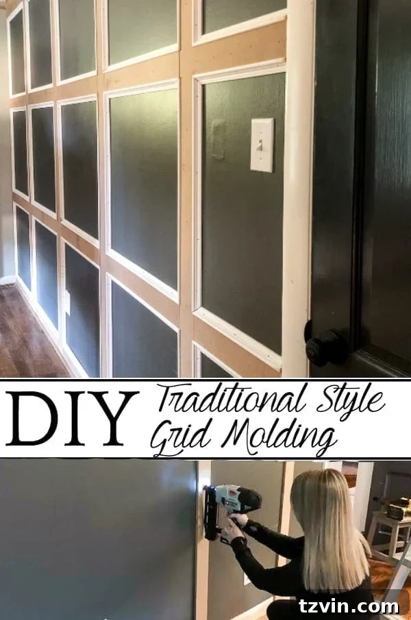 Pinterest pin for DIY traditional grid molding focal wall project