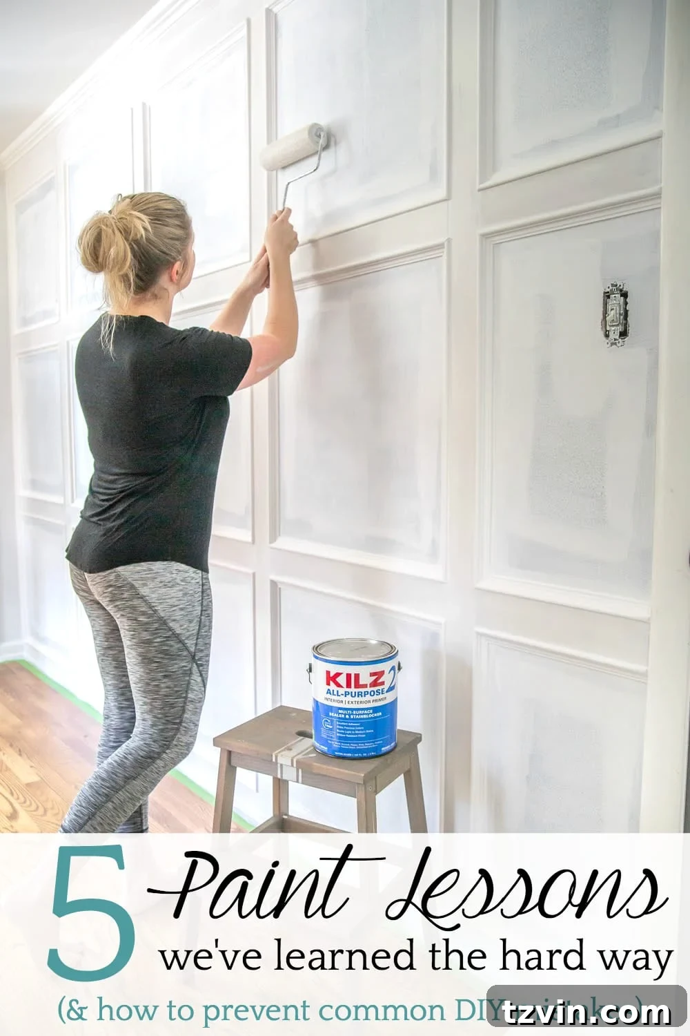 Master Bedroom Transformation: 5 Hard-Earned Painting Insights 15 Pinterest graphic featuring 5 rules about primer and paint for DIYers to achieve a lasting finish, with an image of a black master bedroom.