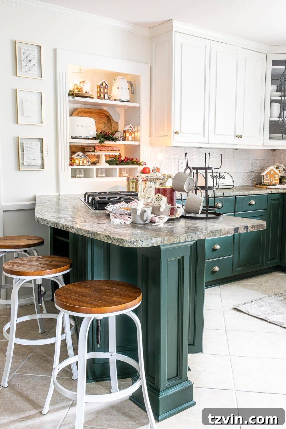 Swedish Christmas Charm: Blending Sentimental Decor with Modern Touches 3 A cozy Christmas kitchen setting with a hot cocoa station, styled shelves, and gingerbread house, embodying Swedish holiday charm.