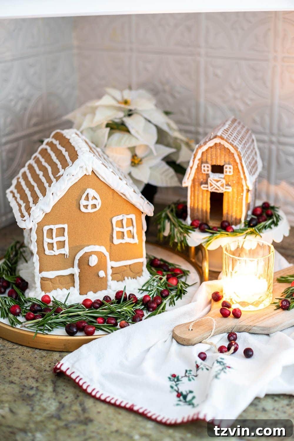 Swedish Christmas Charm: Blending Sentimental Decor with Modern Touches 21 A pre-built gingerbread house displayed on kitchen countertops, adding a festive Swedish-inspired Christmas look.