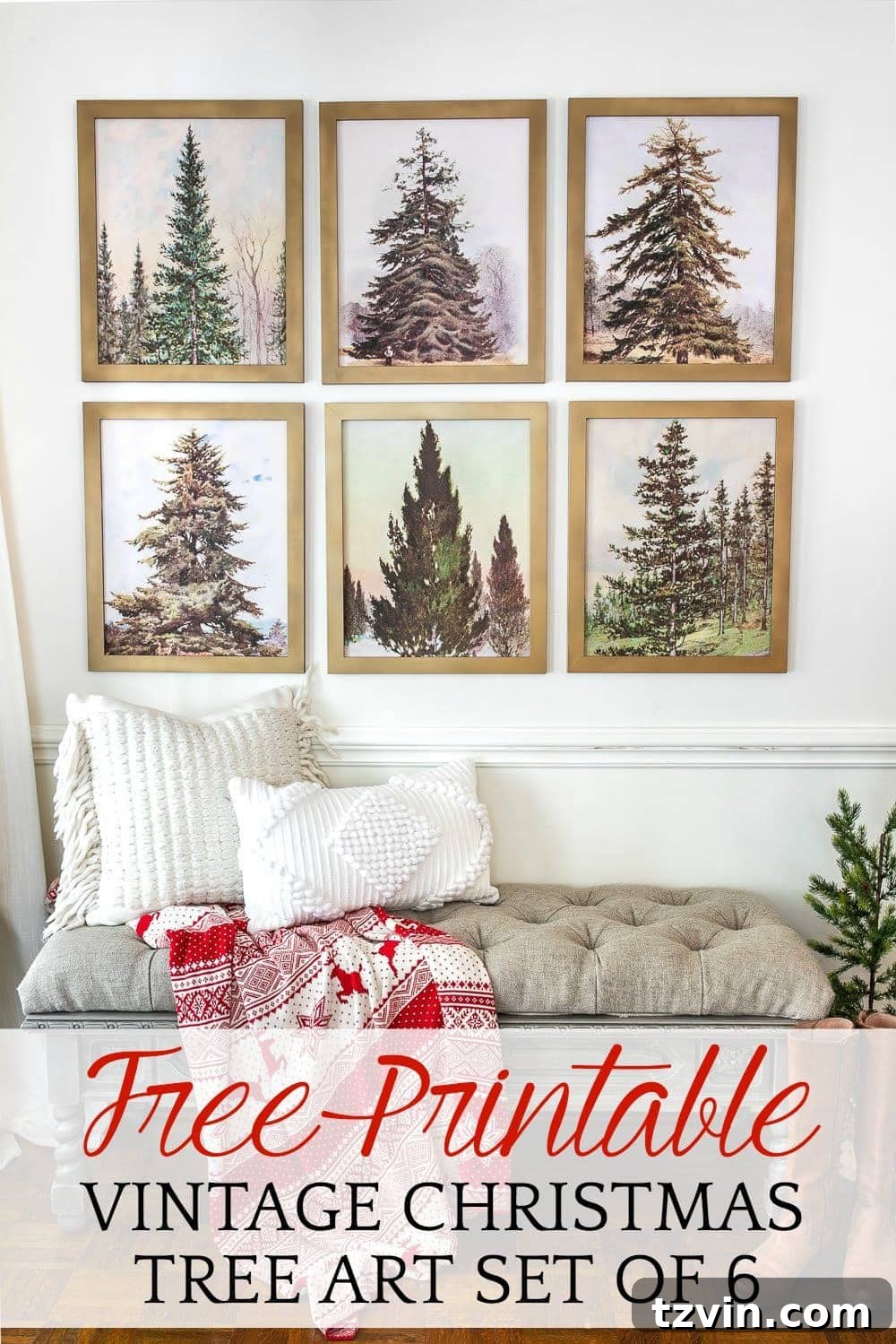 Nostalgic Christmas Tree Gallery Wall Art Printables 2 Free Printable Vintage Christmas Tree Art | A free Christmas printable art set of 6 featuring vintage Christmas trees that work in all types of decorating styles. Enhance your holiday home decor with these charming, budget-friendly art prints. #printableart #Christmasart #vintagedecor
