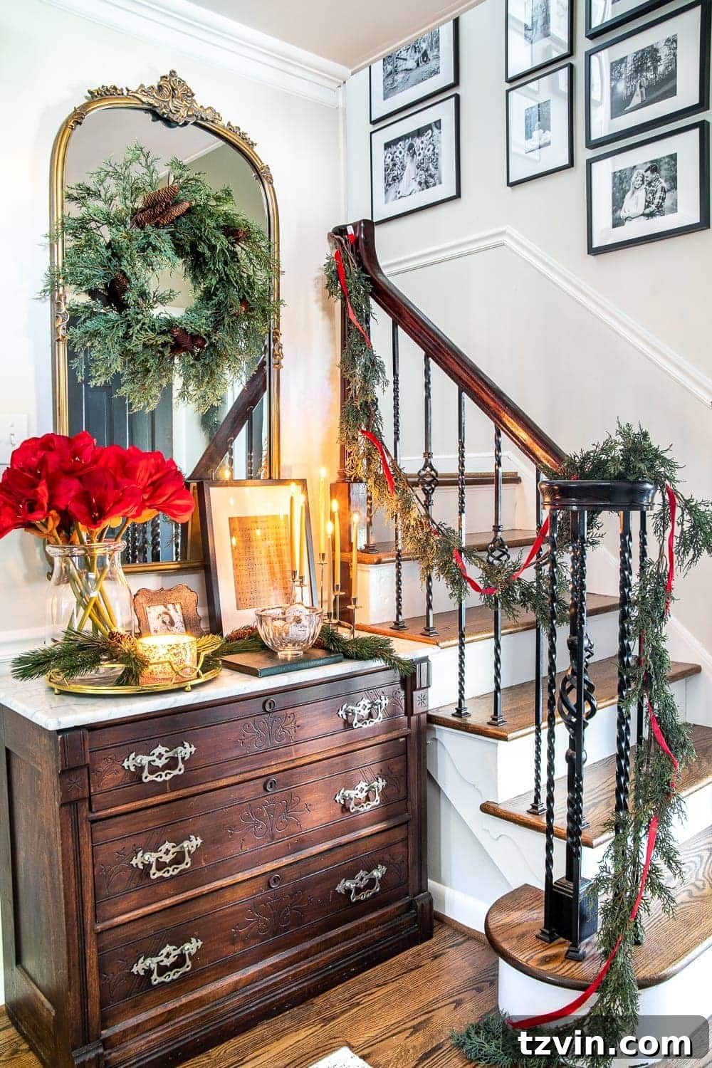 Cozy Christmas foyer with sentimental details and holiday decor