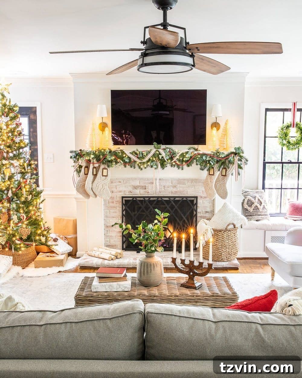 Christmas decor ideas: Christmas mantel with TV and inviting living room