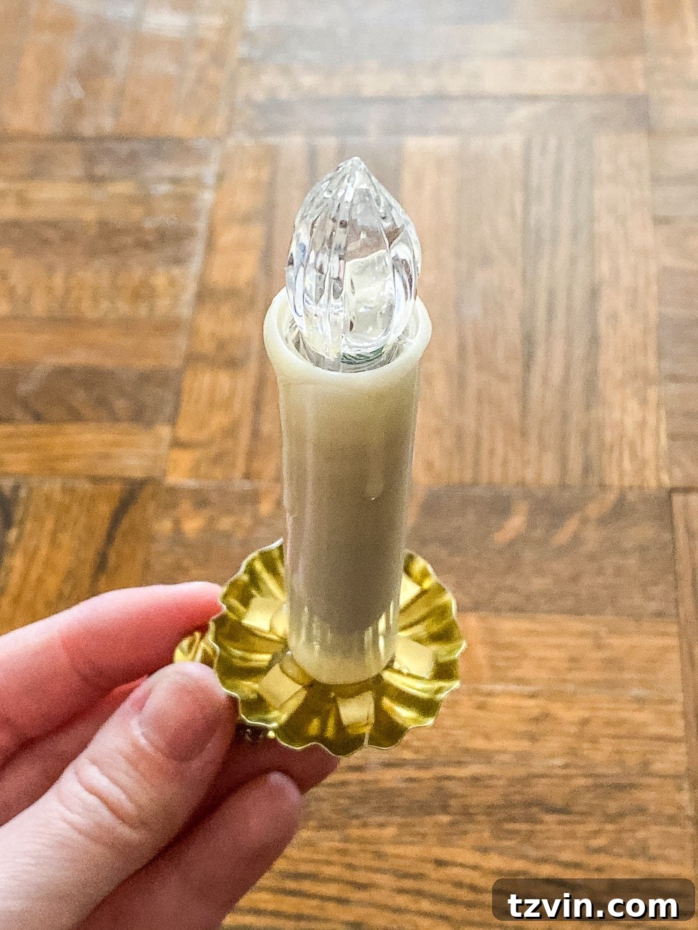 Heirloom Christmas Tree Candles: Handcrafted Charm 7 gluing brass candle holder to battery candle light, holding it in place