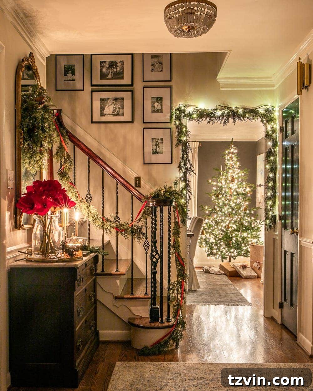 Enchanted Holiday Evenings 2019 2 Christmas foyer and dining room at night with twinkle lights and candlelight, welcoming and festive