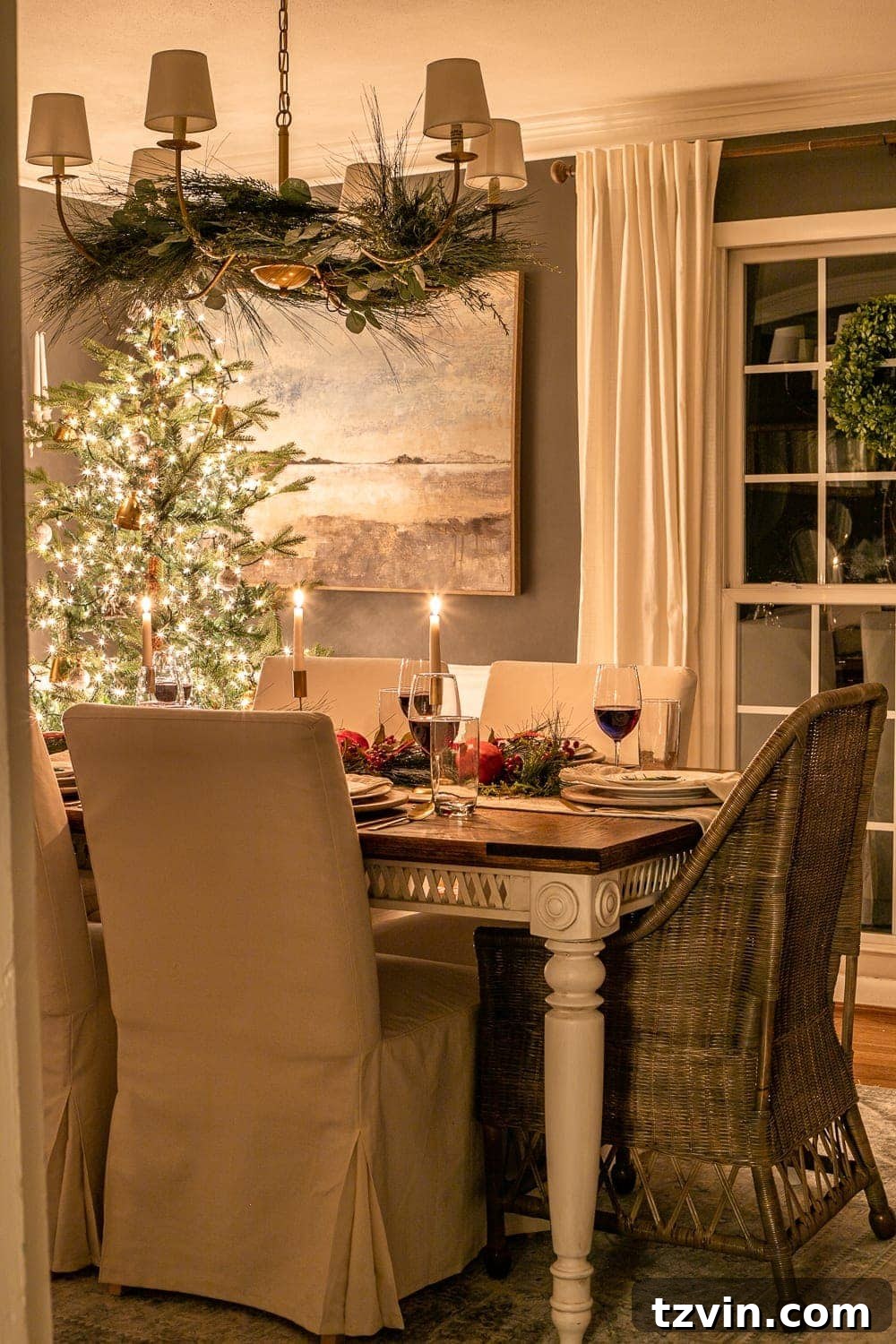 Enchanted Holiday Evenings 2019 11 Christmas dining room at night, with a view of the festive table