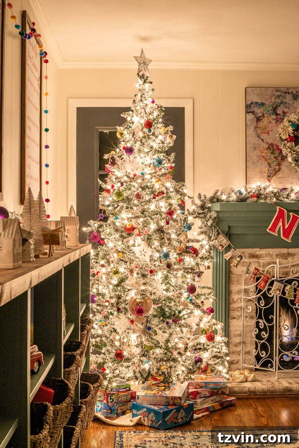Enchanted Holiday Evenings 2019 12 Christmas playroom tree at night, with cheerful holiday decorations