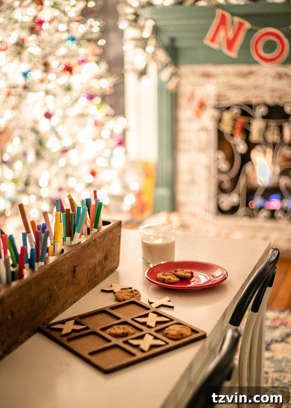 Enchanted Holiday Evenings 2019 13 Christmas night milk and cookies tic tac toe game setup, cozy and fun
