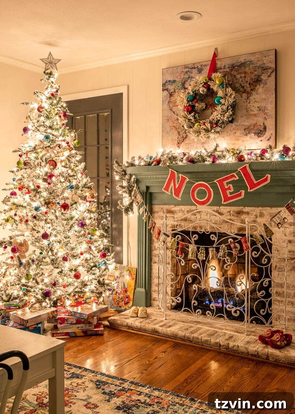 Enchanted Holiday Evenings 2019 14 Christmas playroom at night with fireplace and tree, creating a festive family space
