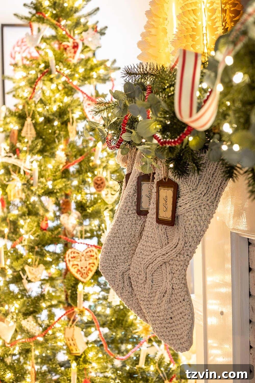 Enchanted Holiday Evenings 2019 18 Christmas stockings hung by the fireplace at night, cozy holiday tradition