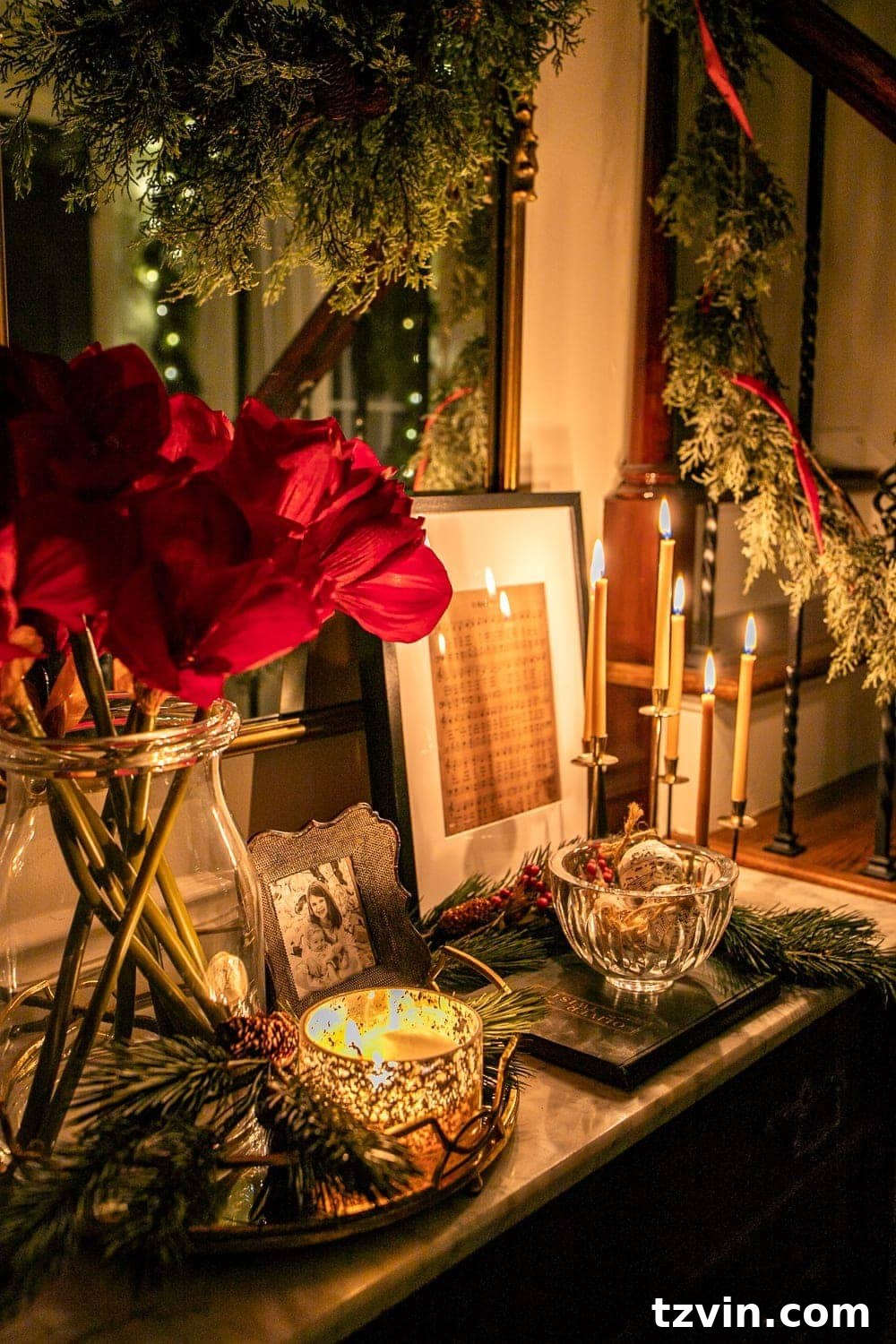 Enchanted Holiday Evenings 2019 5 Christmas night vignette with candlelight and holiday accents, creating a warm glow