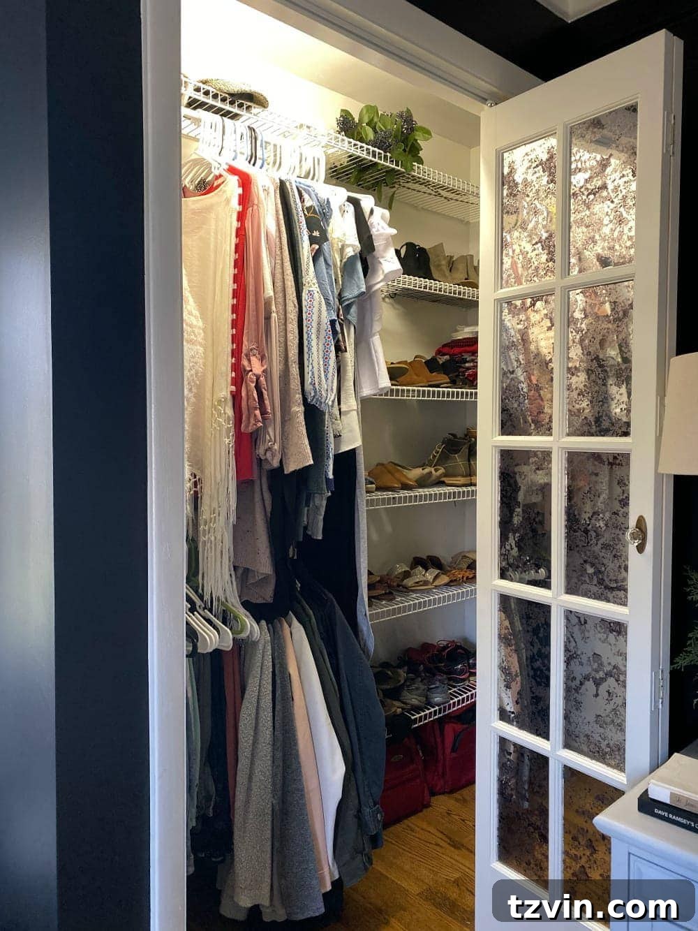 Current master bedroom closet with wire shelving, awaiting renovation.