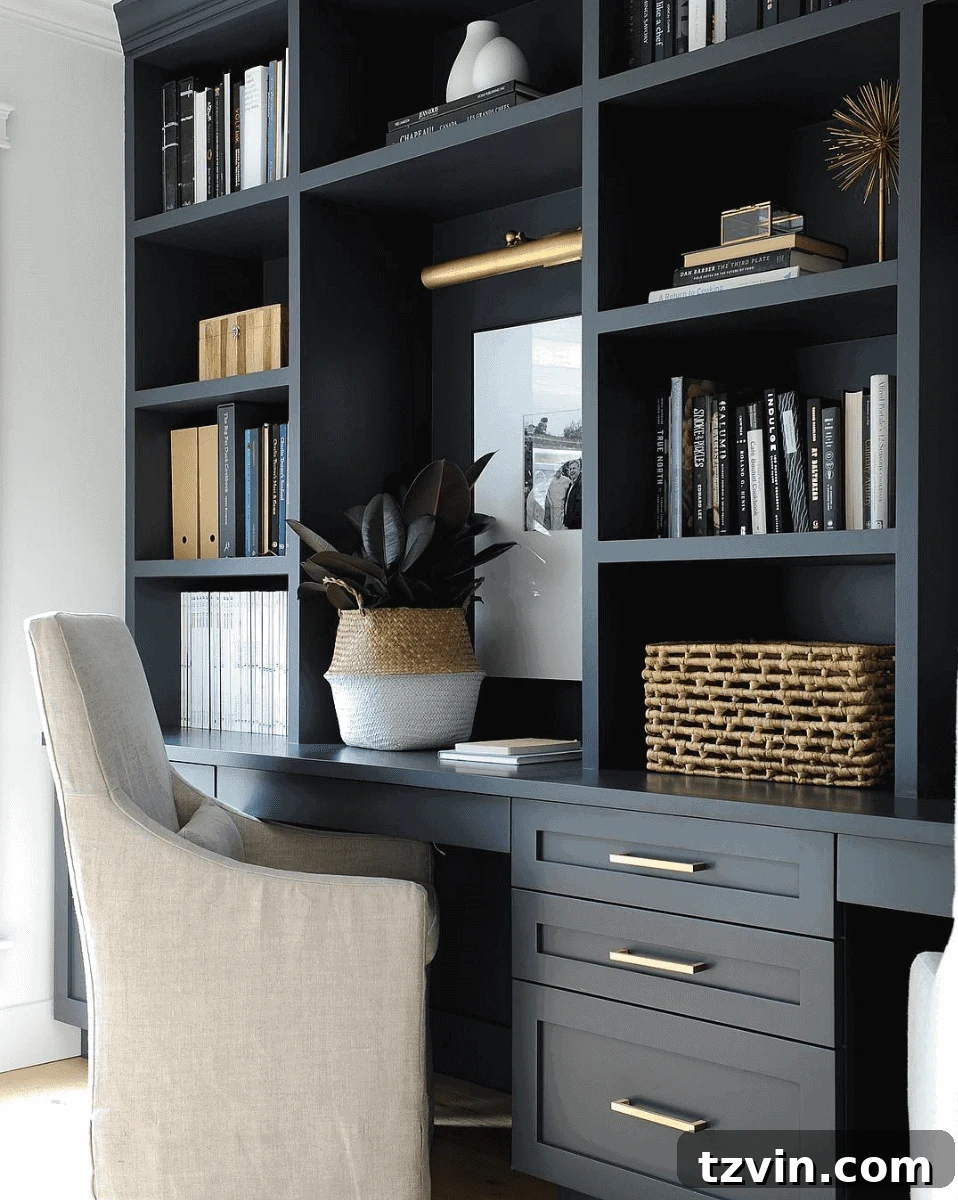 Inspirational image of a chic and bright home office setup with built-in features.