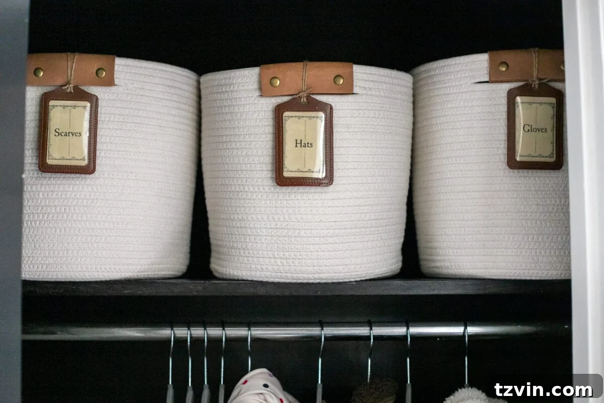 coat closet labels for bins to organize winter gear