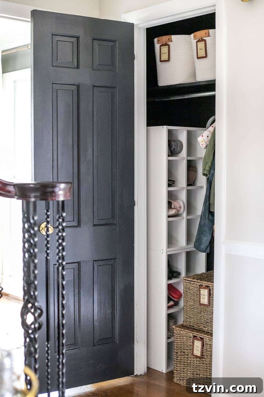 coat closet organization with shoe storage in an entryway