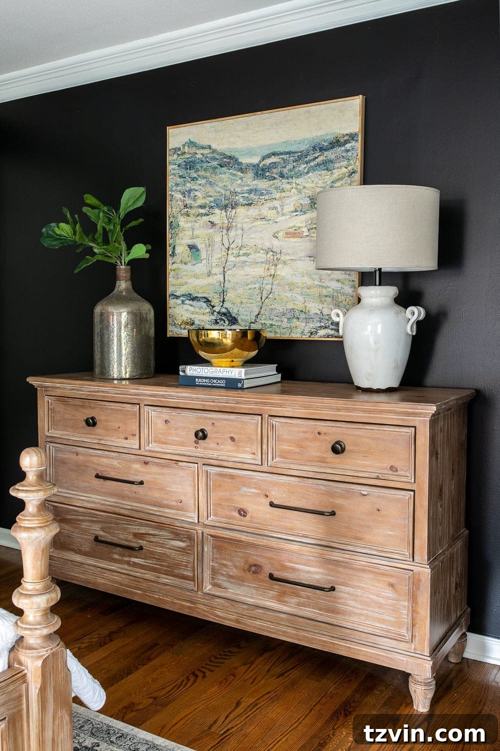 Moody Modern Vintage Master Bedroom Transformation 15 DIY large scale art for under $50 displayed above a master bedroom dresser, emphasizing budget-friendly decor.