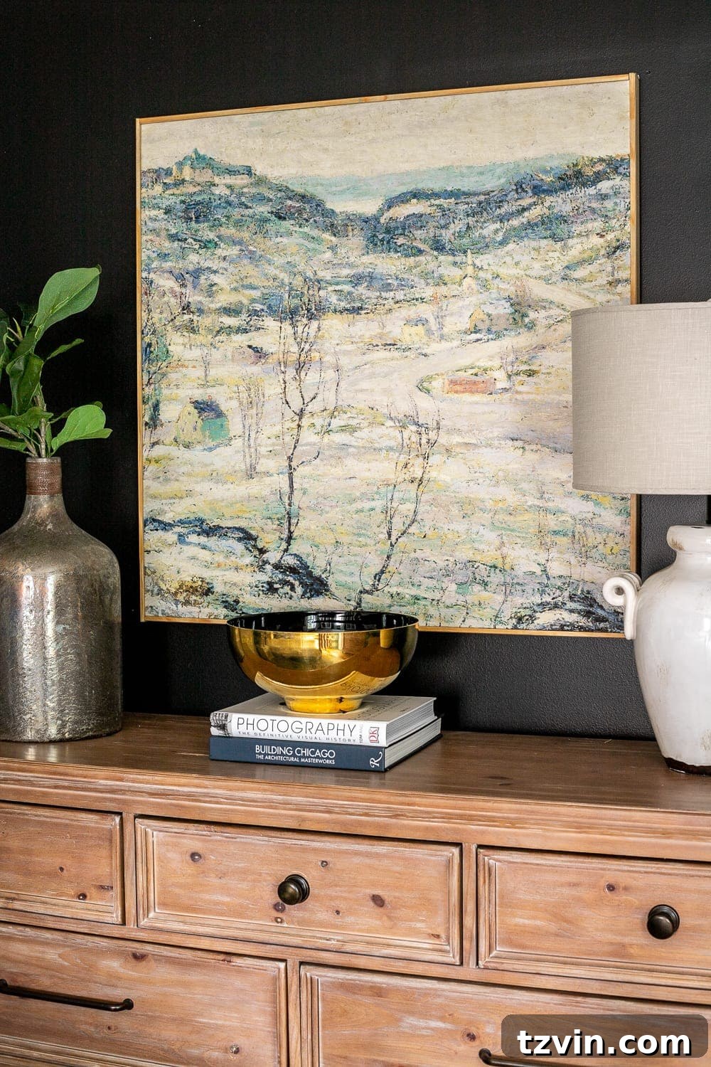 Moody Modern Vintage Master Bedroom Transformation 16 Close-up of DIY large scale art for under $50, showcasing the details of the winter landscape printable.