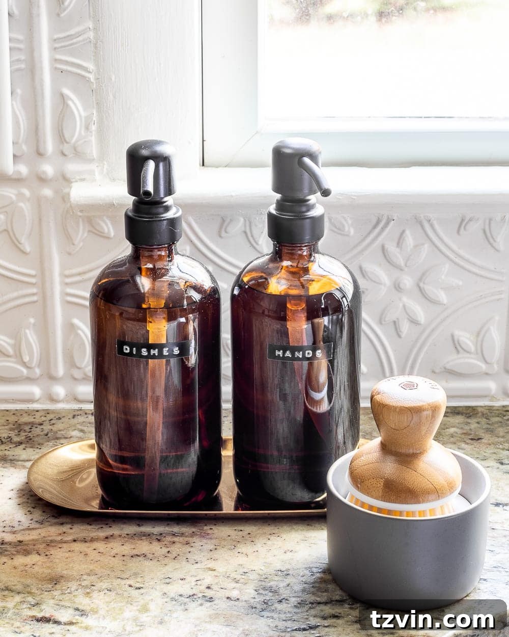 Stylish Countertops Made Simple 9 Hand soap and dish soap dispensers on a tray, enhancing kitchen countertop decor