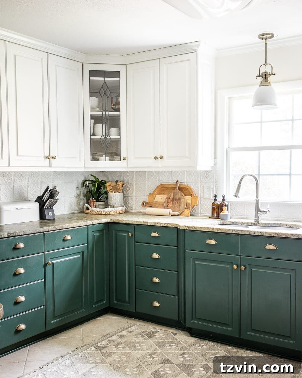 Stylish Countertops Made Simple 5 Organized kitchen counter featuring cutting boards, a tray, and a bread box