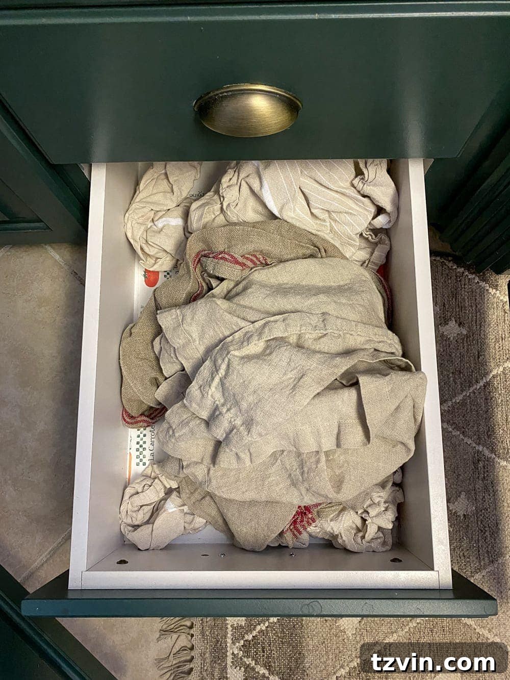 Kitchen Organization Makeover | Dish Towels Before - Messy Towel Drawer