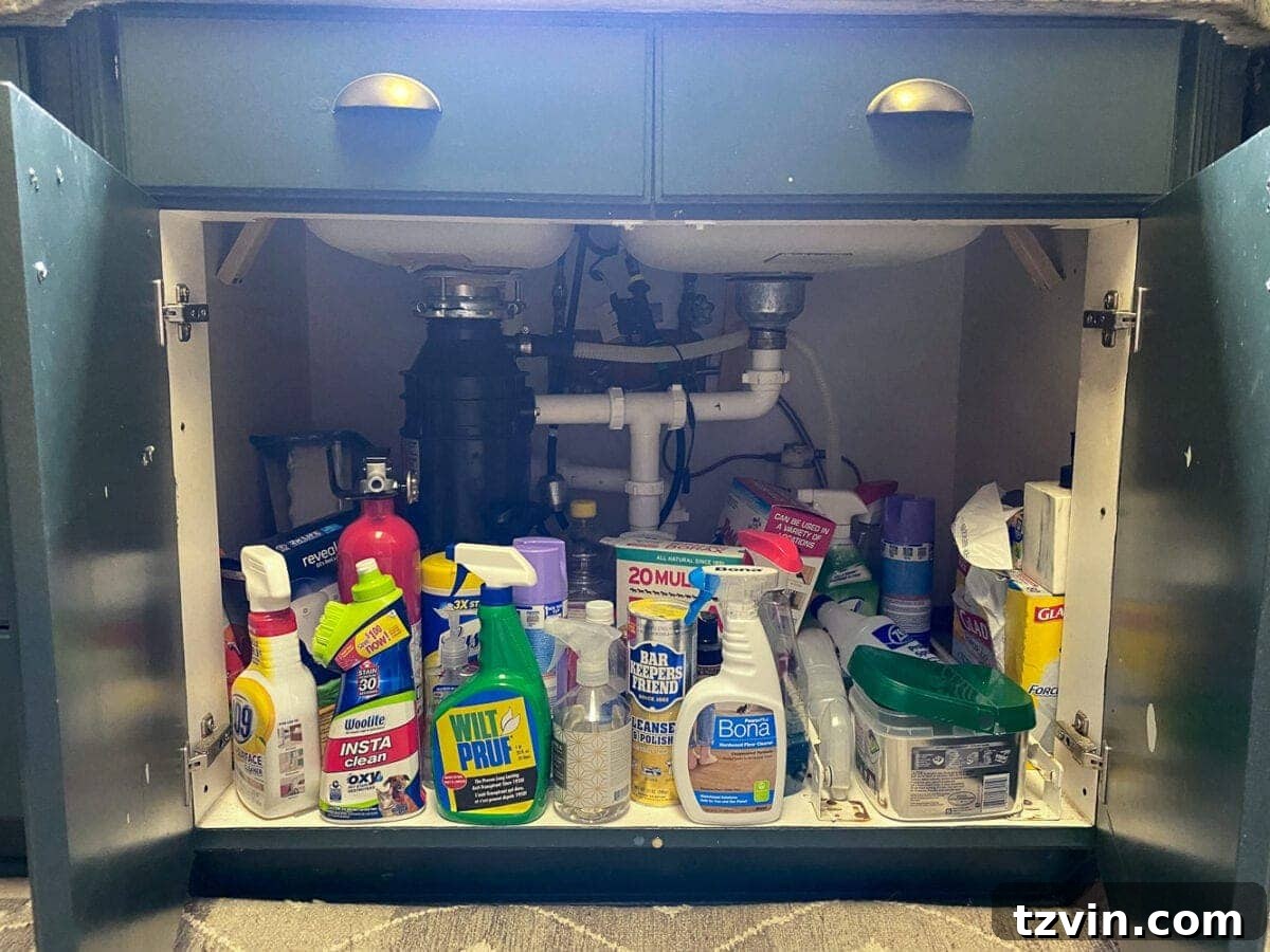 Kitchen Organization Makeover | Under Sink Cabinet Before - Disorganized Under Sink