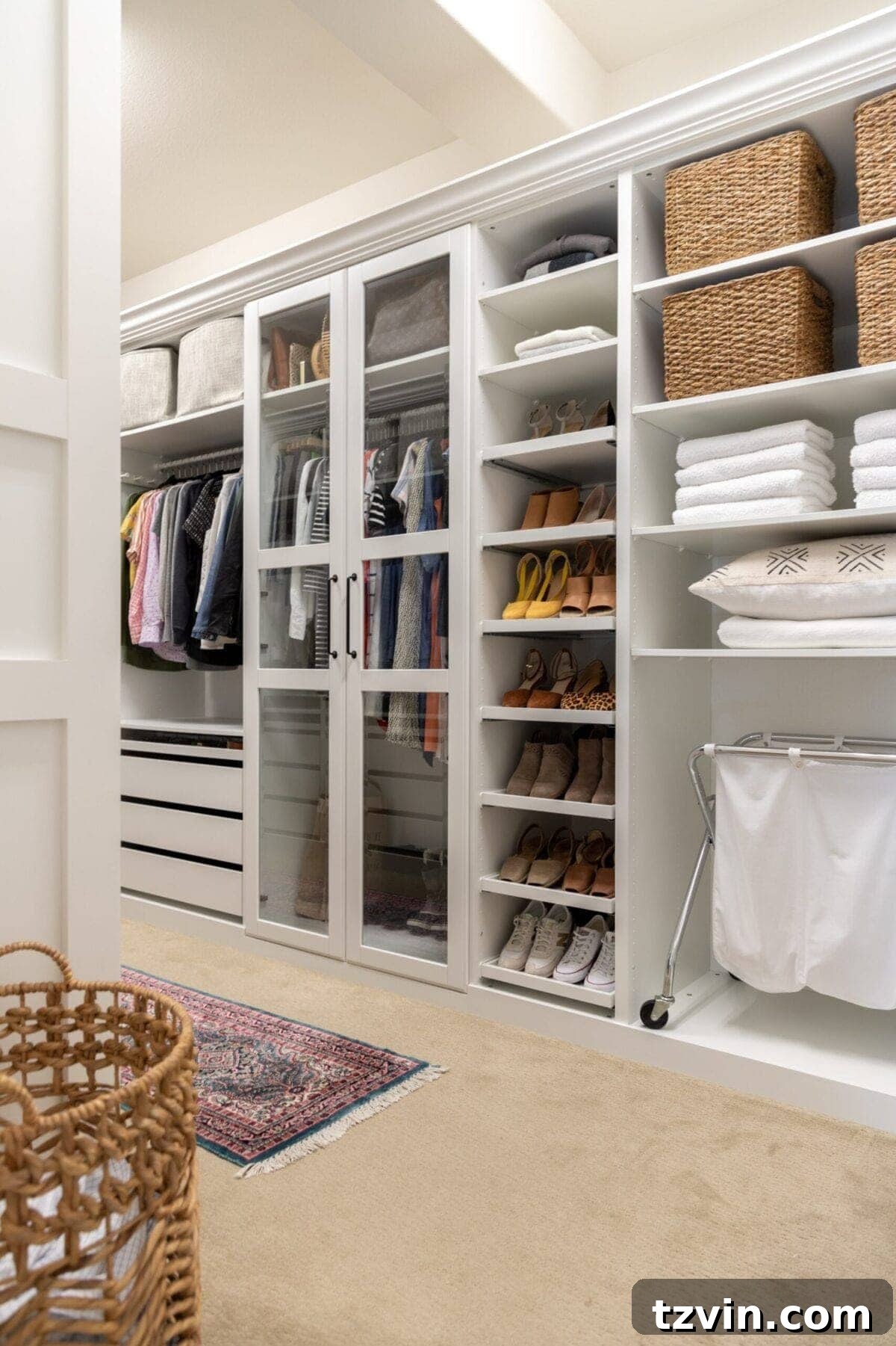 30 Incredible IKEA Pax Closet Transformations 14 Closet with glass front doors shoe shelves and hamper