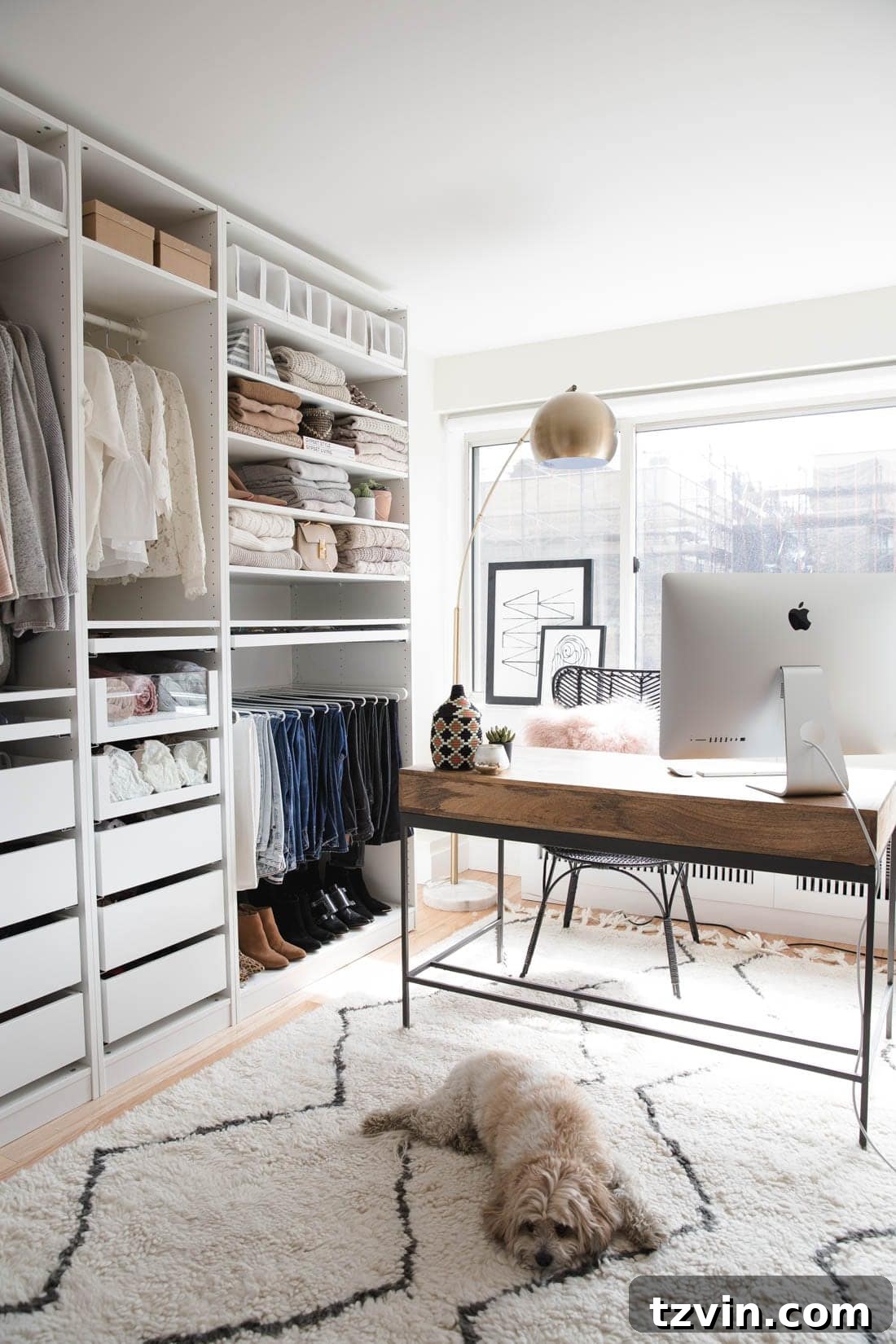 30 Incredible IKEA Pax Closet Transformations 16 neutral IKEA PAX Closet with shag rug and office desk