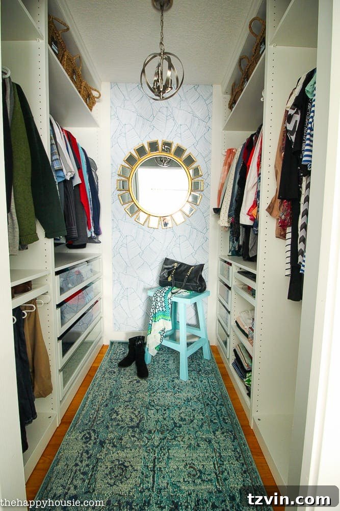 30 Incredible IKEA Pax Closet Transformations 7 IKEA PAX Closet with rug and wallpaper focal wall