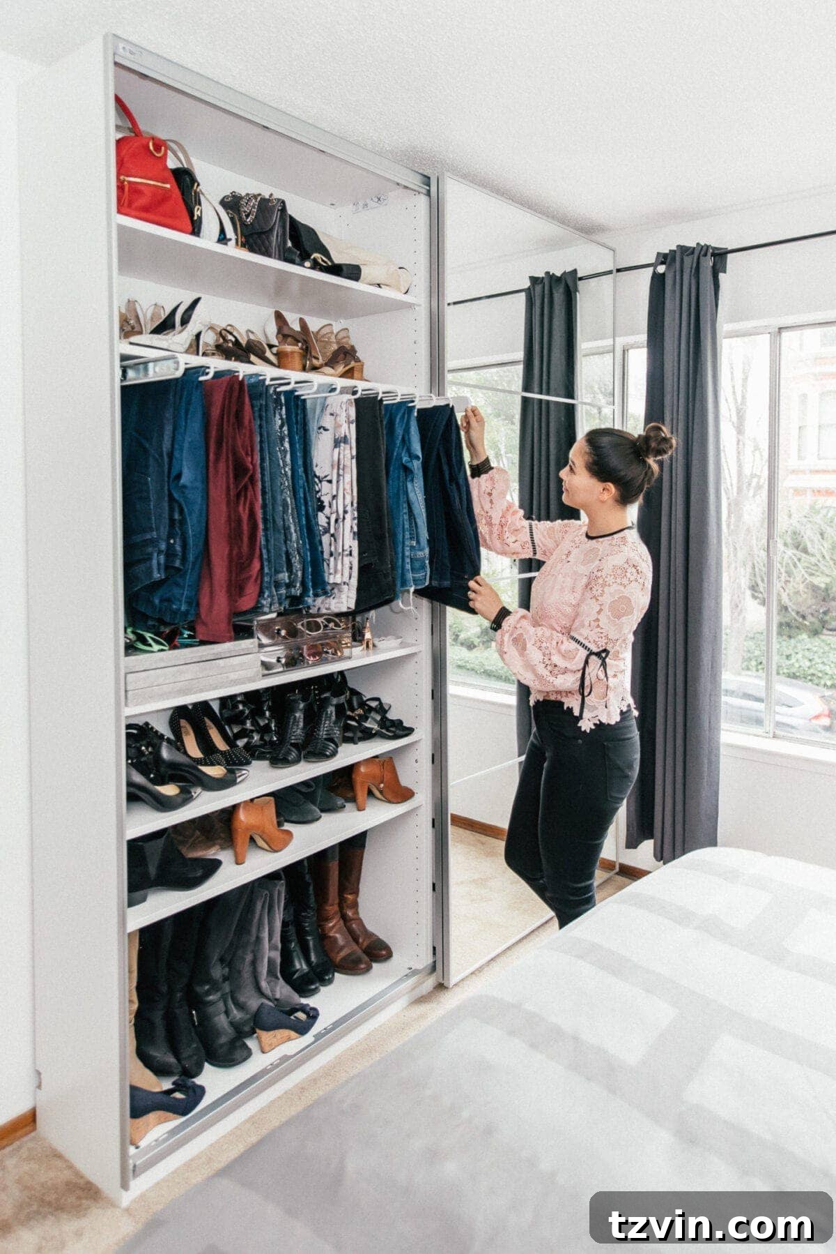30 Incredible IKEA Pax Closet Transformations 9 Closet with pull out pants bar and shoe storage