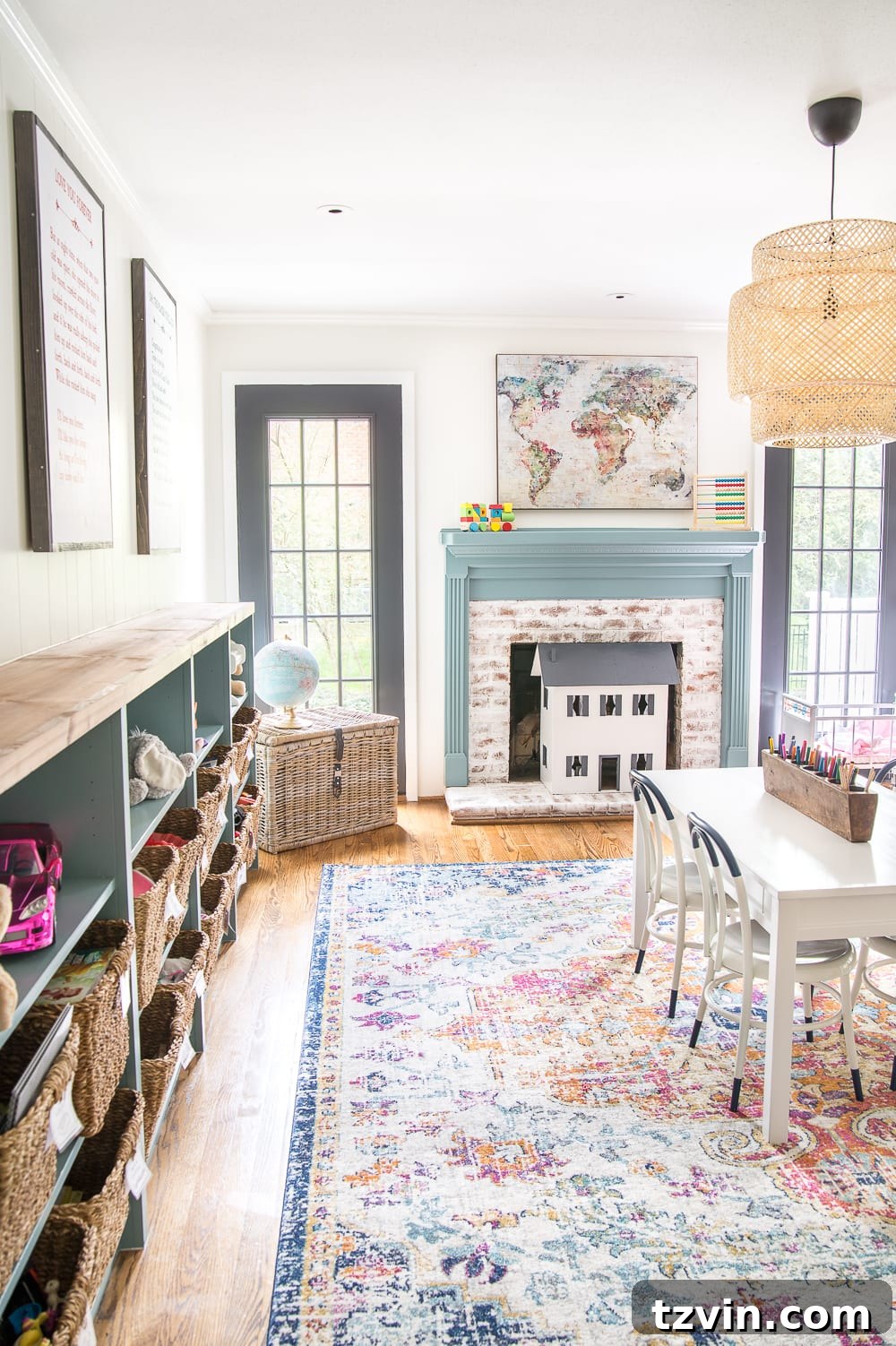 Taming Toy Chaos Our Sanity Solution 2 A vibrant, organized playroom with colorful toys neatly stored in baskets and on shelves, representing a peaceful and inviting play environment.