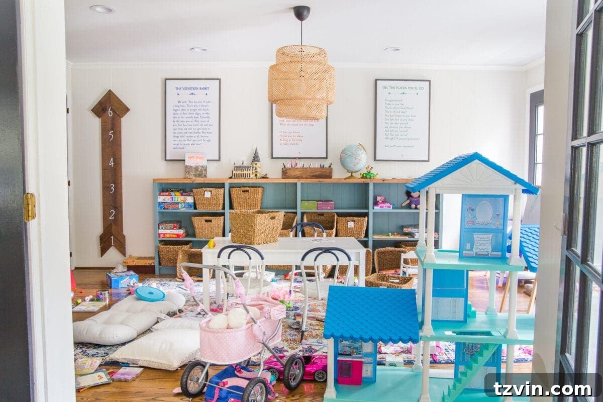 Taming Toy Chaos Our Sanity Solution 3 A realistic, slightly messy playroom with toys scattered but still within designated areas, illustrating a lived-in and active play space.
