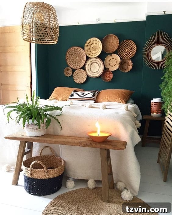 Craft Your Style: DIY Wall Decor Projects to Personalize Your Home 18 baskets hanging on a bedroom wall above a bed, adding texture and warmth