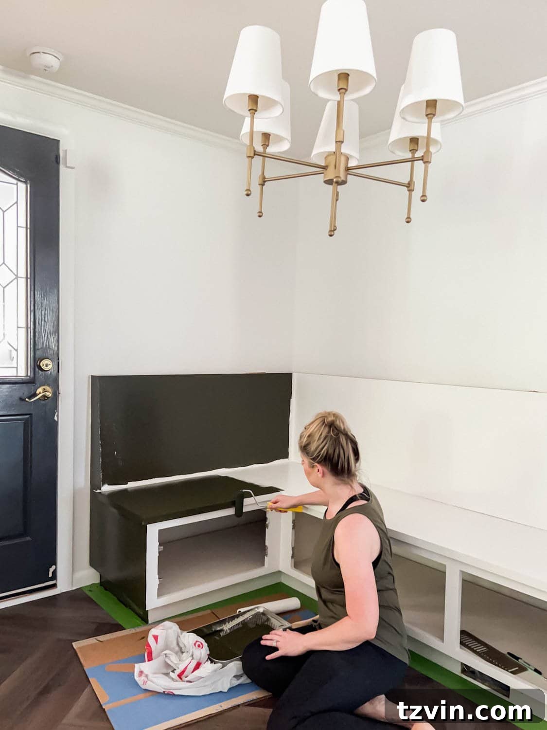 painting a banquette bench olive green for a breakfast nook