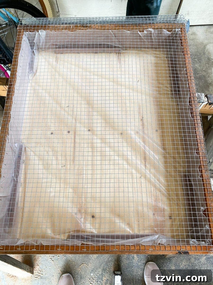 Stapling the steel hardware cloth over the opening of the planter box