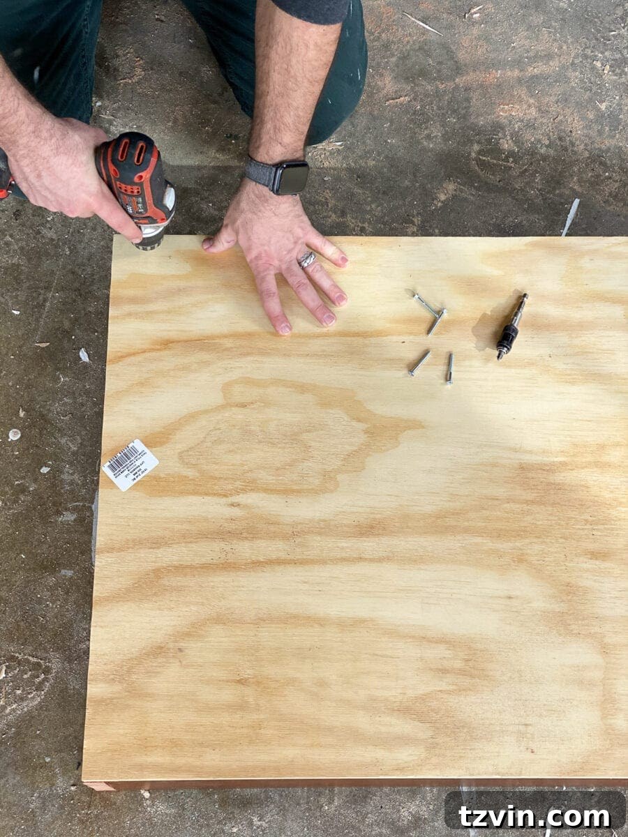 Attaching the plywood back to the wooden planter frame using a power drill