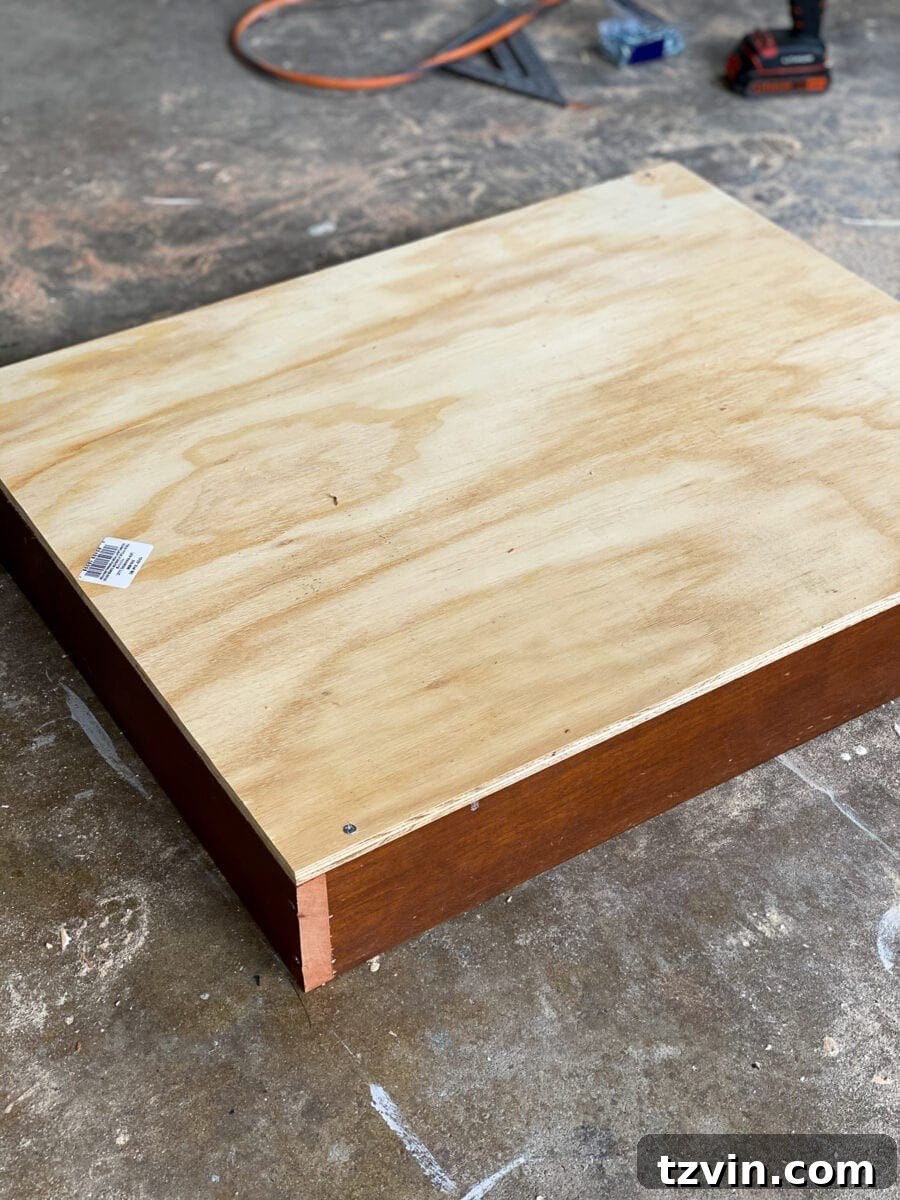 Close-up of wood screws securing the plywood back to the planter box