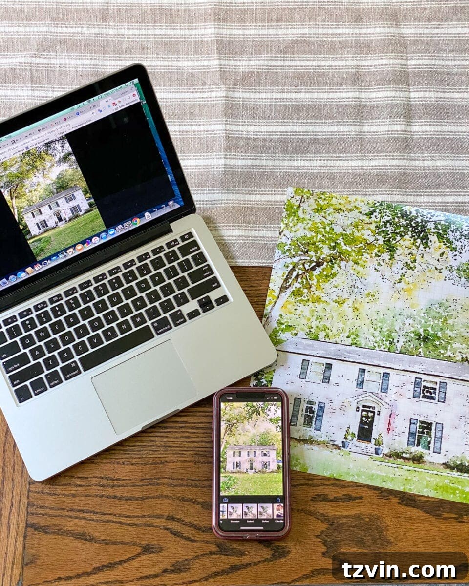 Your Home Transformed: Easy Photo to Painted Portrait Art 2 A digitally transformed photo of a house, rendered in a watercolor painting style, ready for framing.