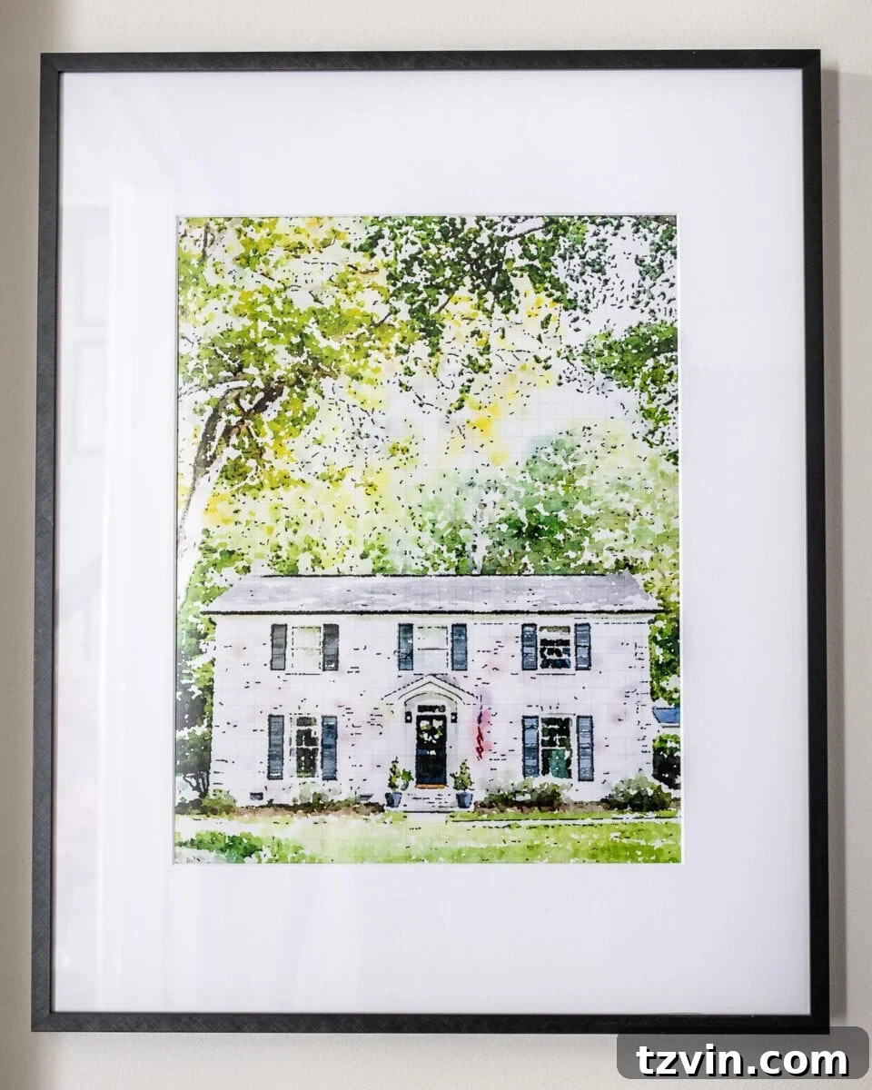 Your Home Transformed: Easy Photo to Painted Portrait Art 7 A watercolor rendition of a modern family home with blooming greenery from a summer photograph.
