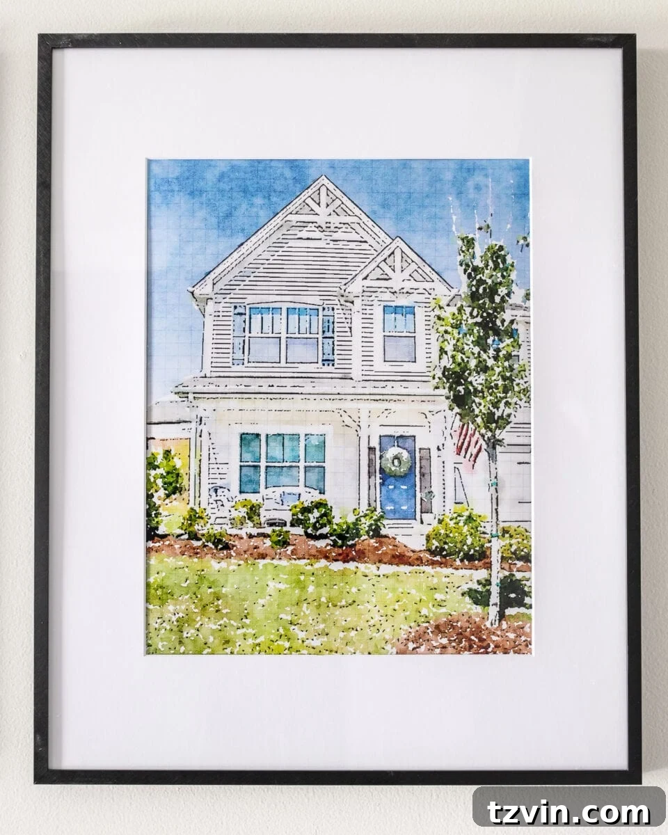 Your Home Transformed: Easy Photo to Painted Portrait Art 8 A framed digital painting of a charming, older house with a classic architectural style, based on a photo taken before moving.