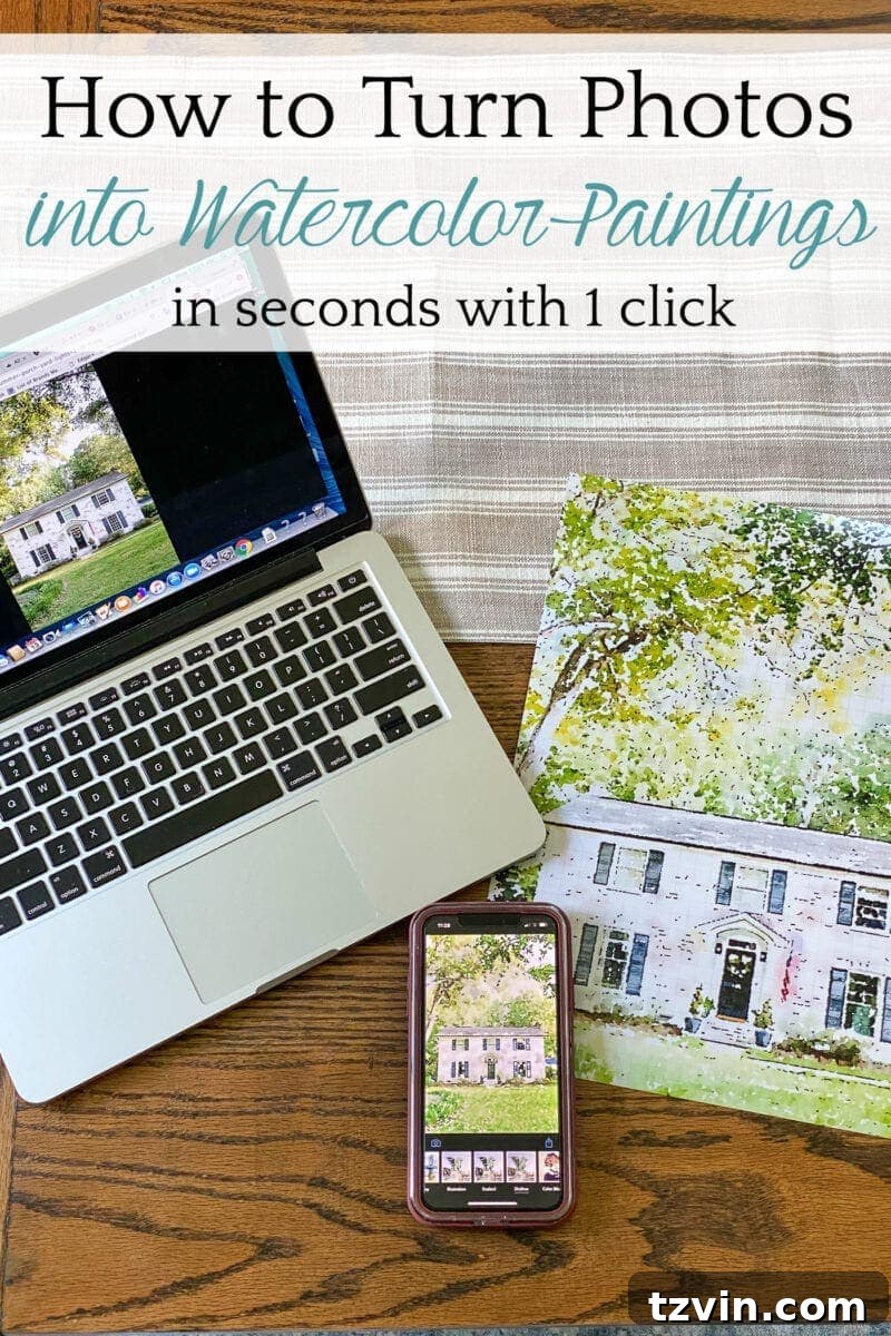 Your Home Transformed: Easy Photo to Painted Portrait Art 9 Pinterest pin featuring the title 'How to Turn Photos into Paintings' with examples of house portraits.
