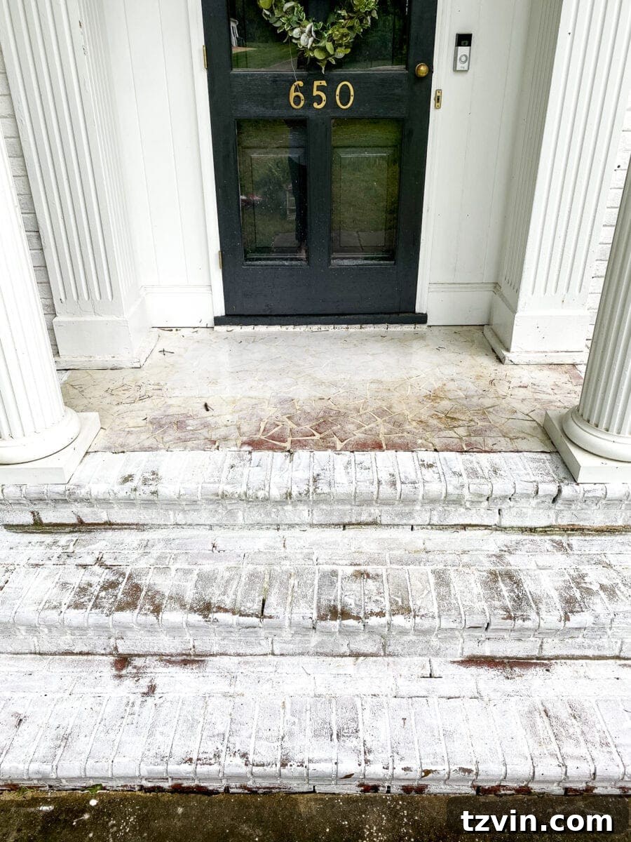 Worn Terracotta Tile Porch Floor Prior to Stencil Makeover