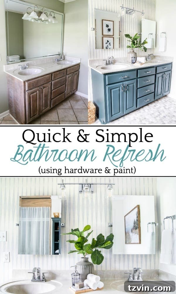 Next Level Master Bathroom 17 #AD | A dated bathroom gets a quick refresh with paint, wallpaper, and @betterhomesandgardens hardware from @walmart for a bright, modern look on a budget.