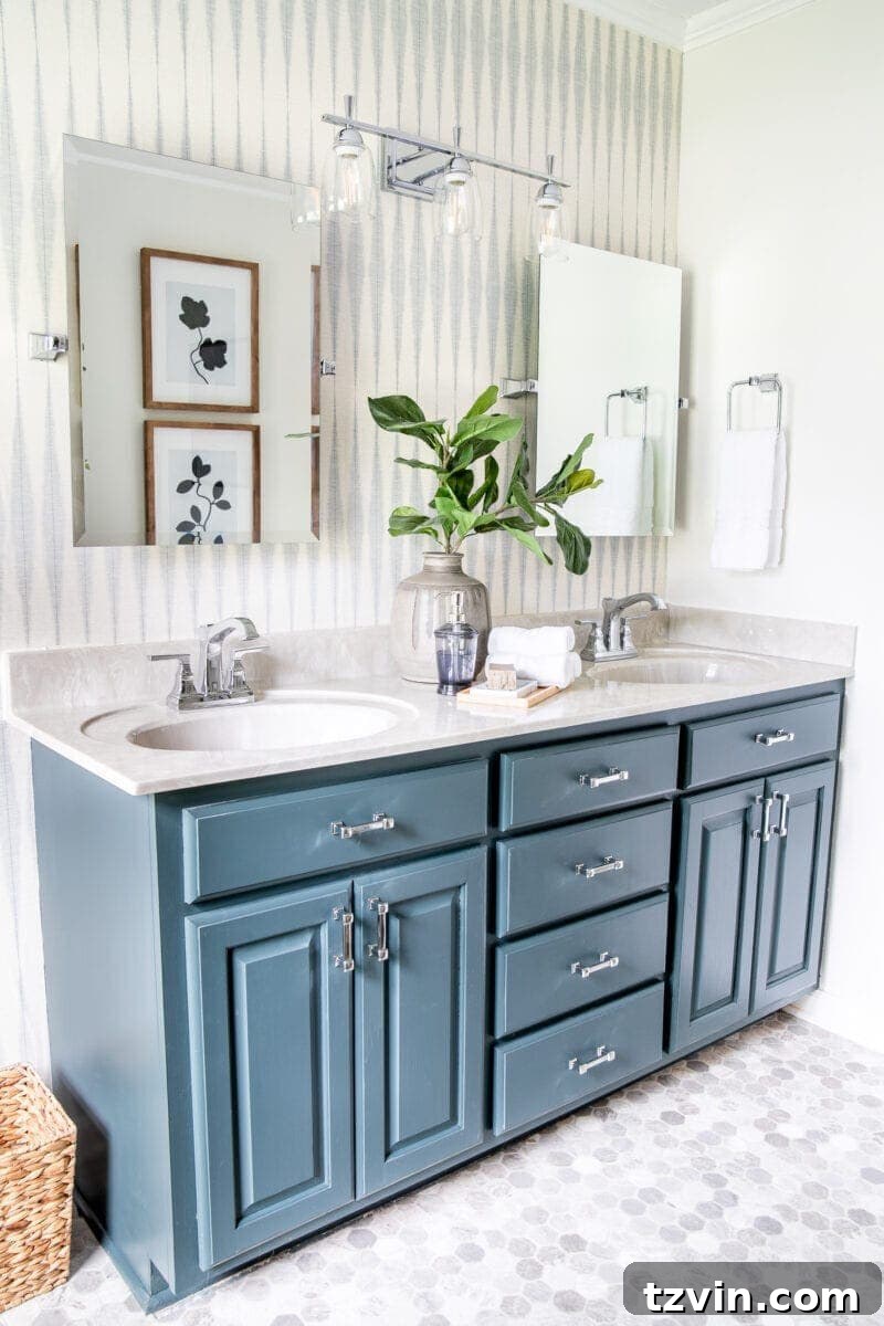 Next Level Master Bathroom 4 Master Bathroom Refresh | A dated master bathroom gets a quick and inexpensive modern refresh using paint, wallpaper, sheet vinyl, and hardware.