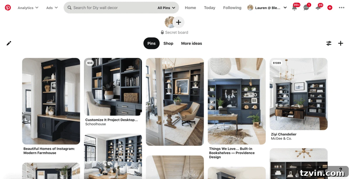 Pinterest search results for navy blue paint colors, demonstrating how to use social media for initial paint color inspiration.