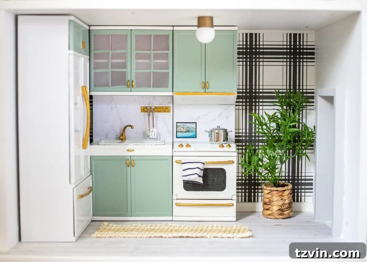 Thrifted Dollhouse Glow Up 5 doll kitchen in a DIY dollhouse using scrapbook paper and Barbie furniture