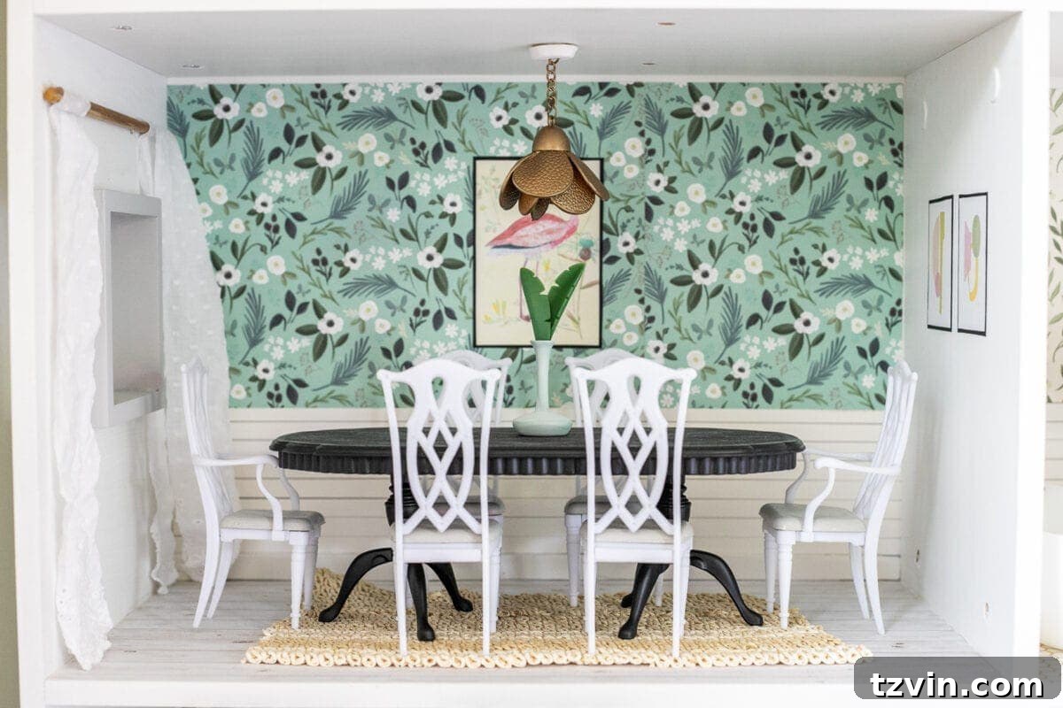 Thrifted Dollhouse Glow Up 8 Barbie dining room using scrapbook paper and items from around the house