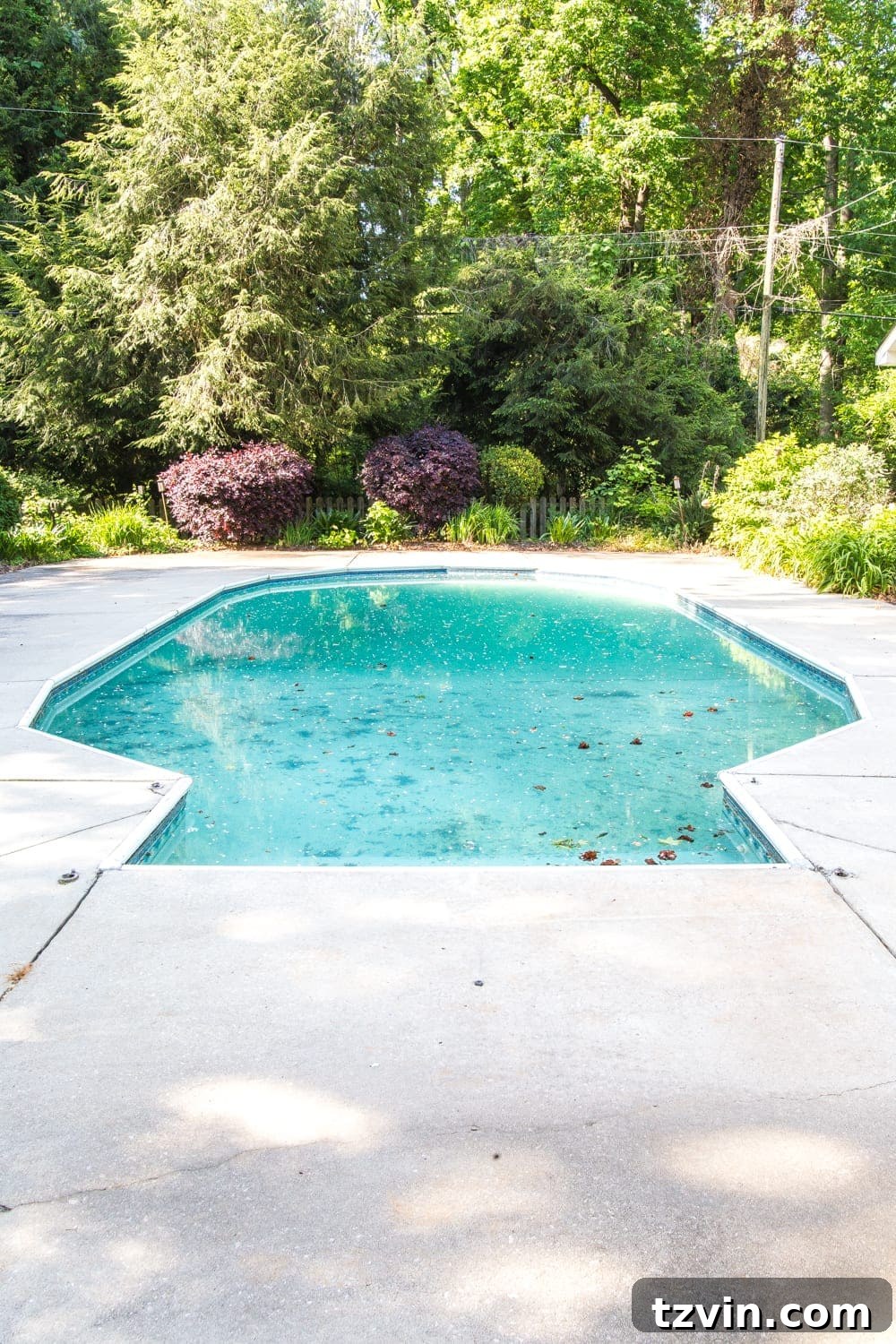 dirty old concrete around a pool before painting