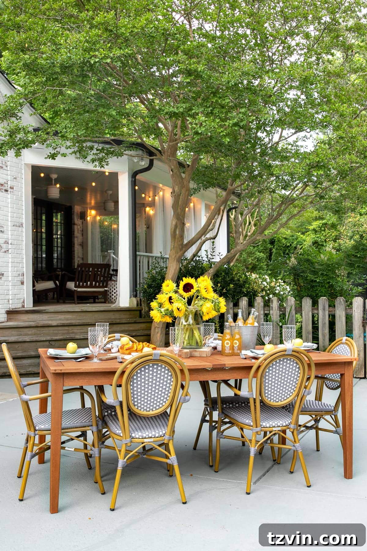Summer Patio Refresh and Al Fresco Dining Oasis 4 Stylish new extendable outdoor dining table set up on the painted concrete patio, featuring six chairs.