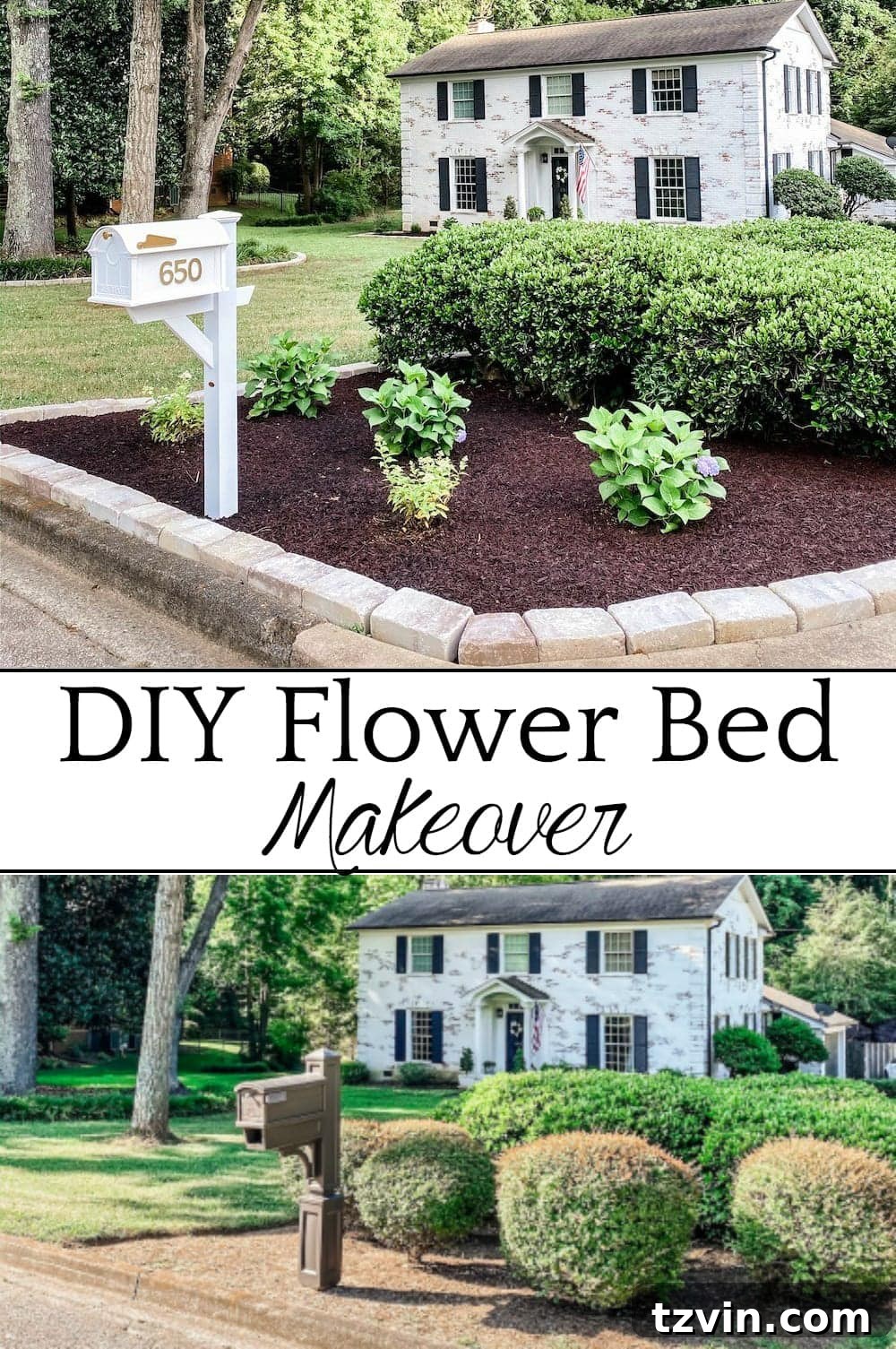 DIY Front Yard Flower Bed Glow Up 29 Pinterest pin graphic for DIY Flower Bed Makeover tutorial