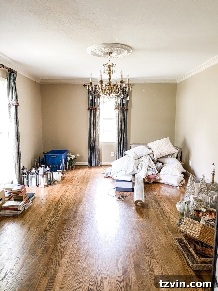 Our Home Office Transformation Unveiled 2 Before image of an outdated dining room with dark wood furniture and traditional decor, soon to be a home office.
